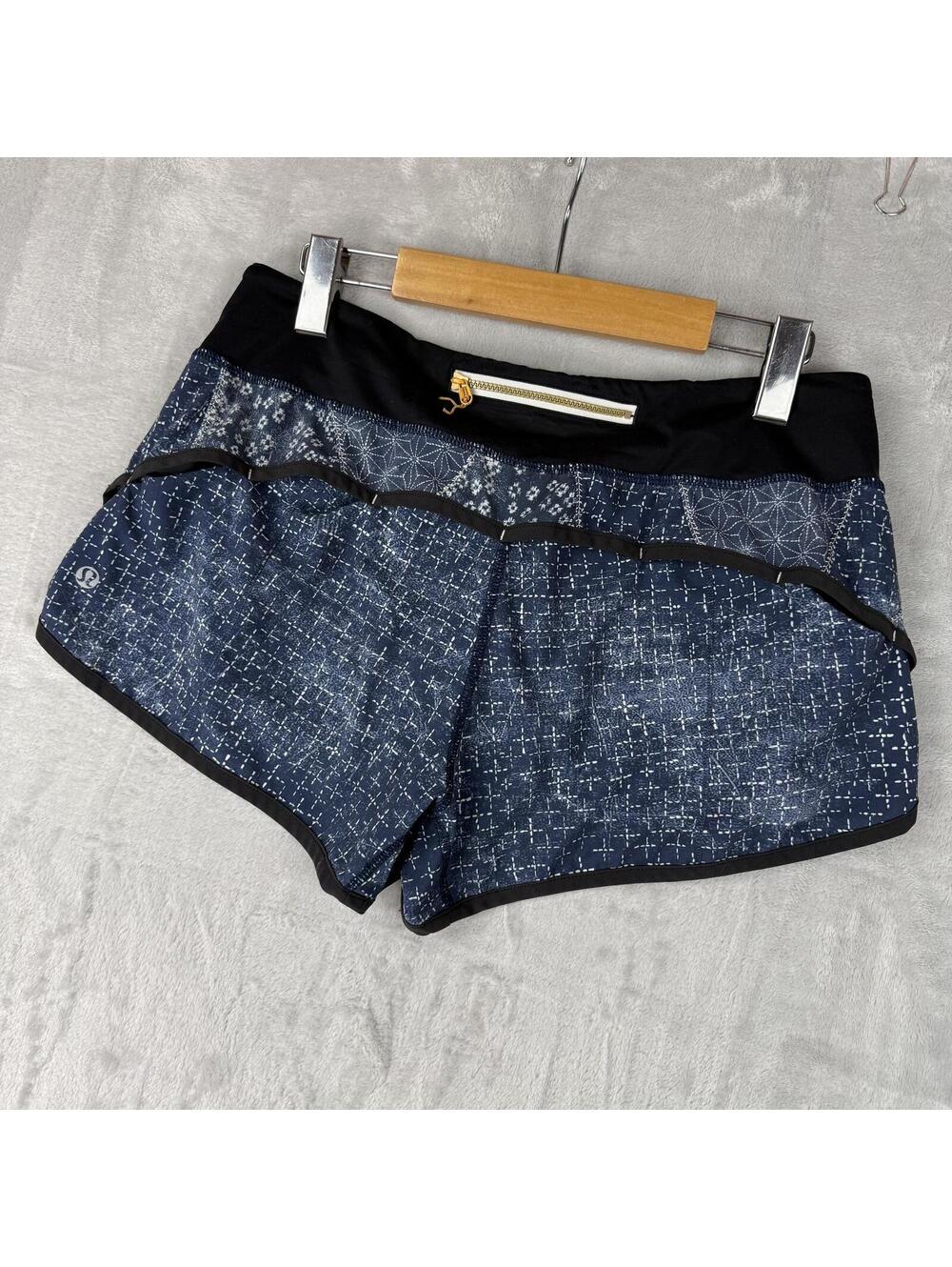 Lululemon Run Speed Short Sashiko Size 8 Women Blue Geo Print Zip Pockets Gym